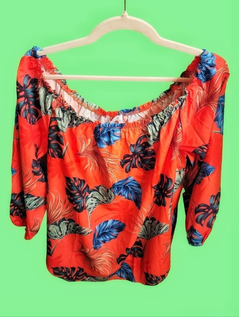 Off-Shoulder Floral Blouse - Red Coral Tropical Print